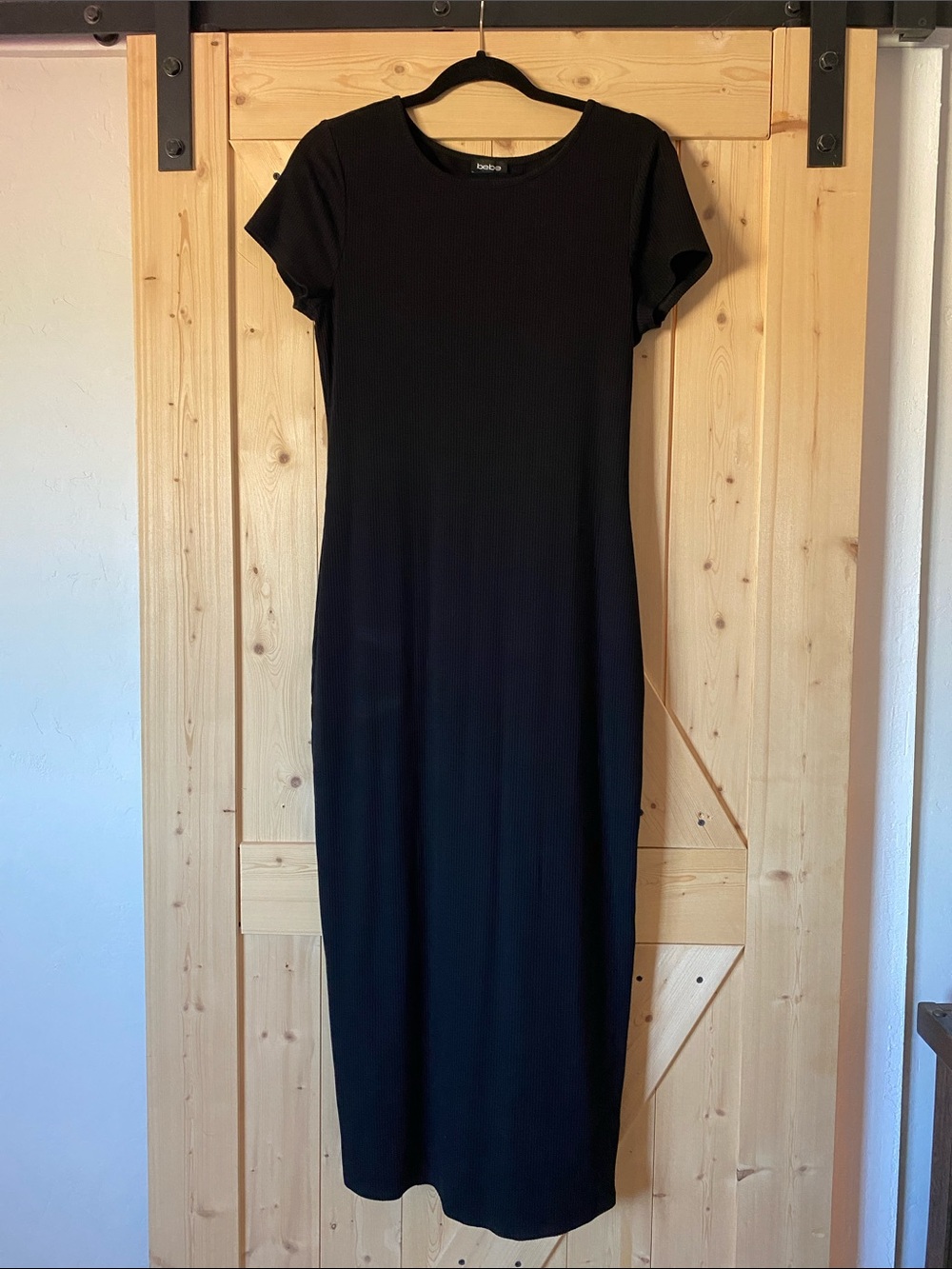 bebe Black Ribbed Short-Sleeve Maxi Dress Bodycon Sleek Classy